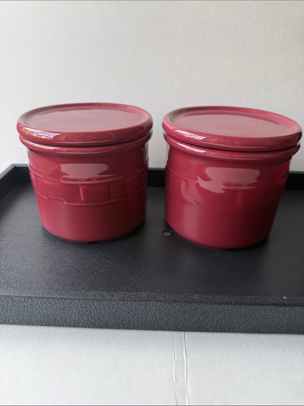 Set of 2 Longaberger Pottery Paprika Maroon Wooden Traditions Ceramic Jar/ Lid